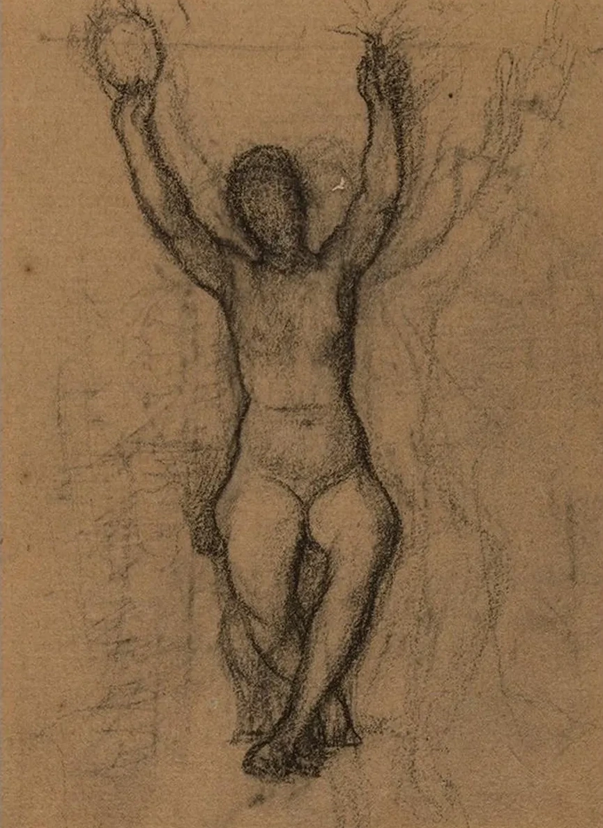 Femme Nue Assise de Face, les Deux Bras Lev's