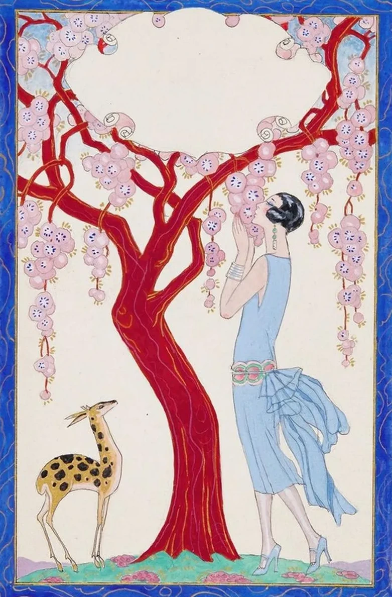 Femme, Faon et Arbre Rouge