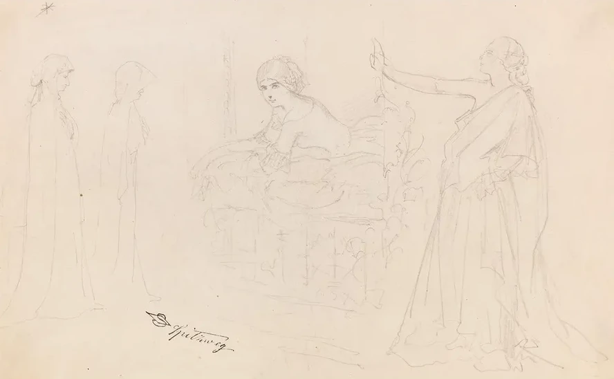 Figurenstudien Eremit, Junge Frau am Fenster, Allegorie