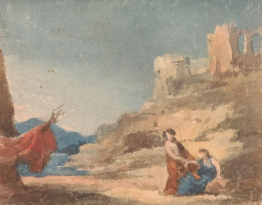 Figures Among Ruins on Hill