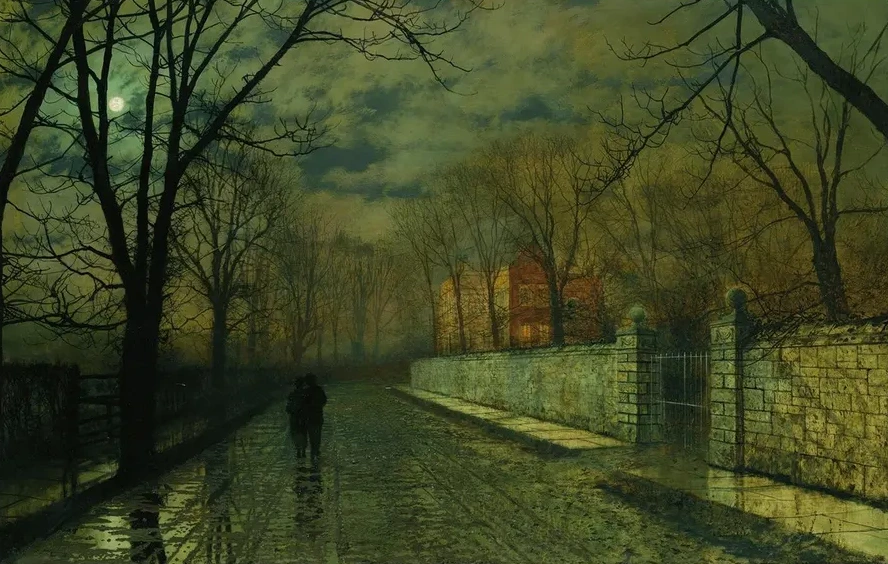 Figures In A Moonlit Lane After Rain