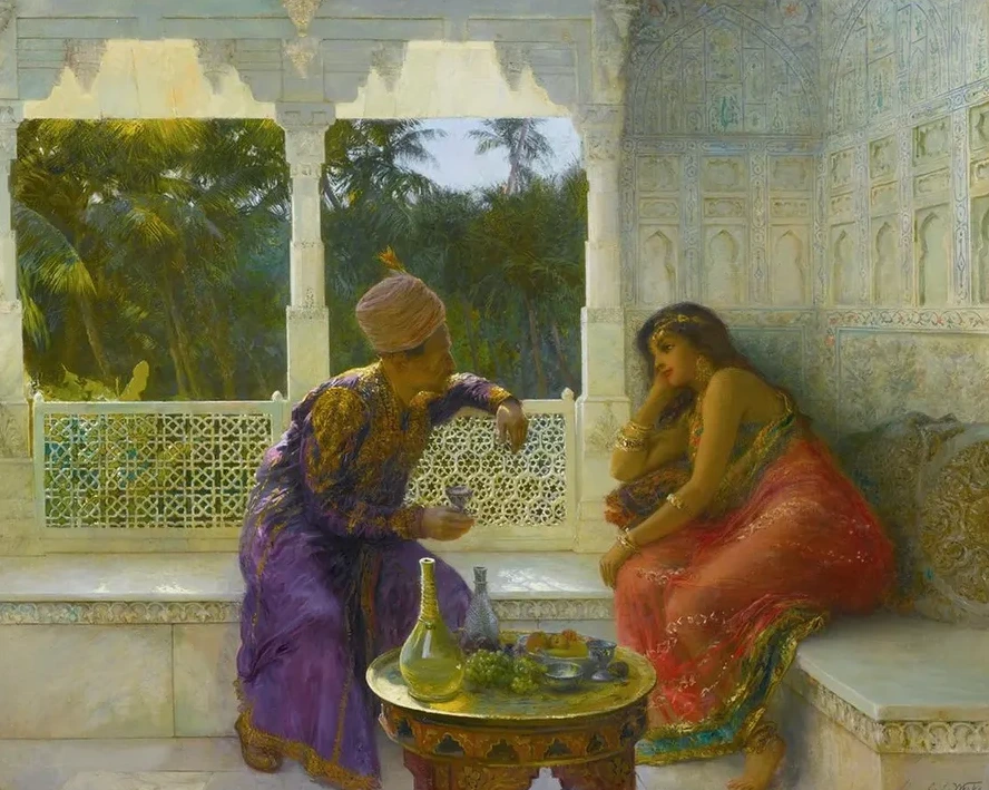 Figures in an Interior with Garden of Palms Beyond