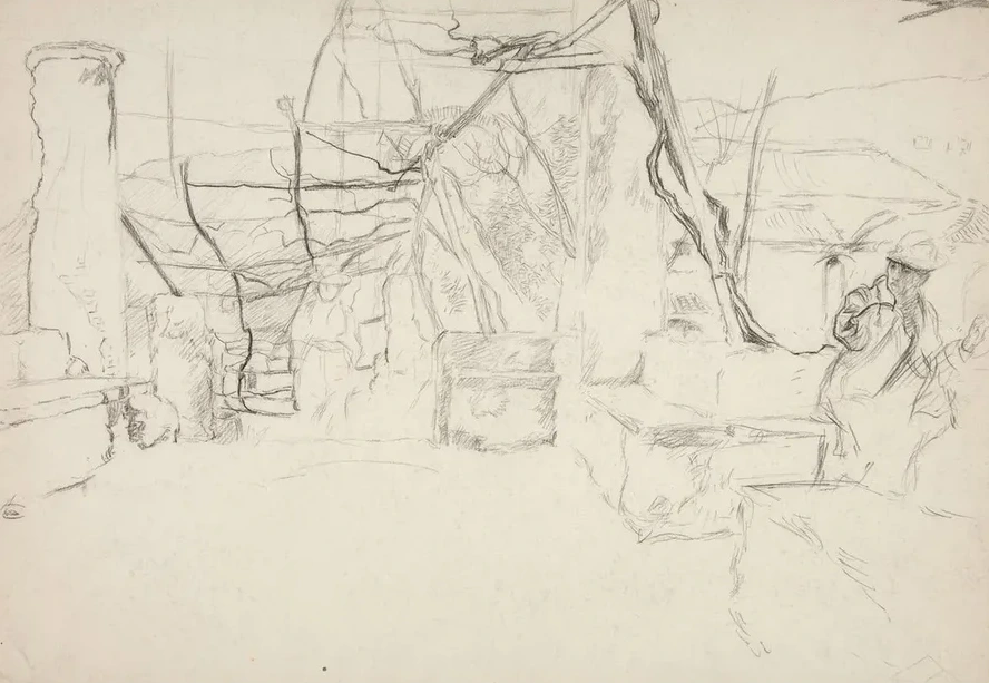Figures Walking Among Old Ruins