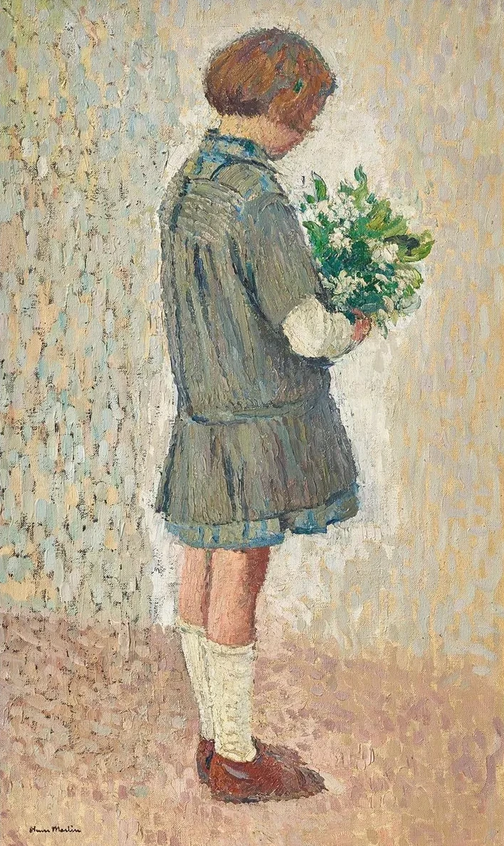 Fillette En Tablier D Coli Re Tenant Un Bouquet