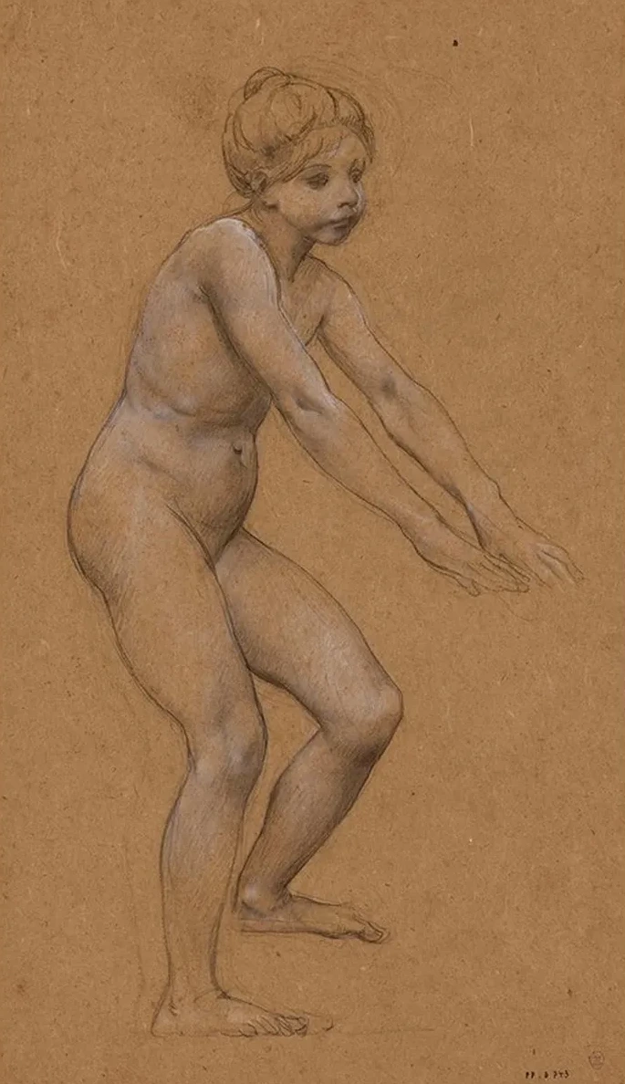 Fillette Nue Debout de Trois - Quarts Droite, les Mains En Avant