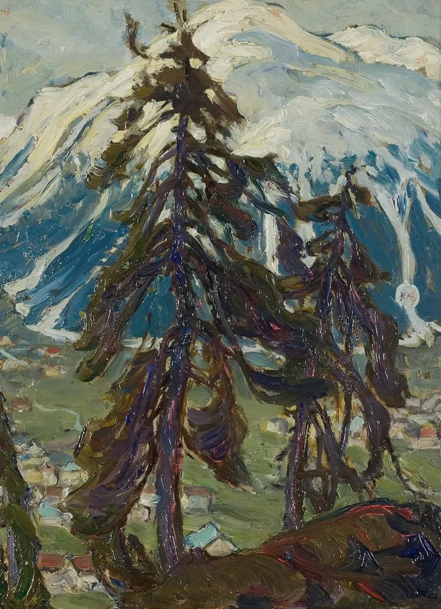Fir Trees in Front of the Mountains. Study from North Norway