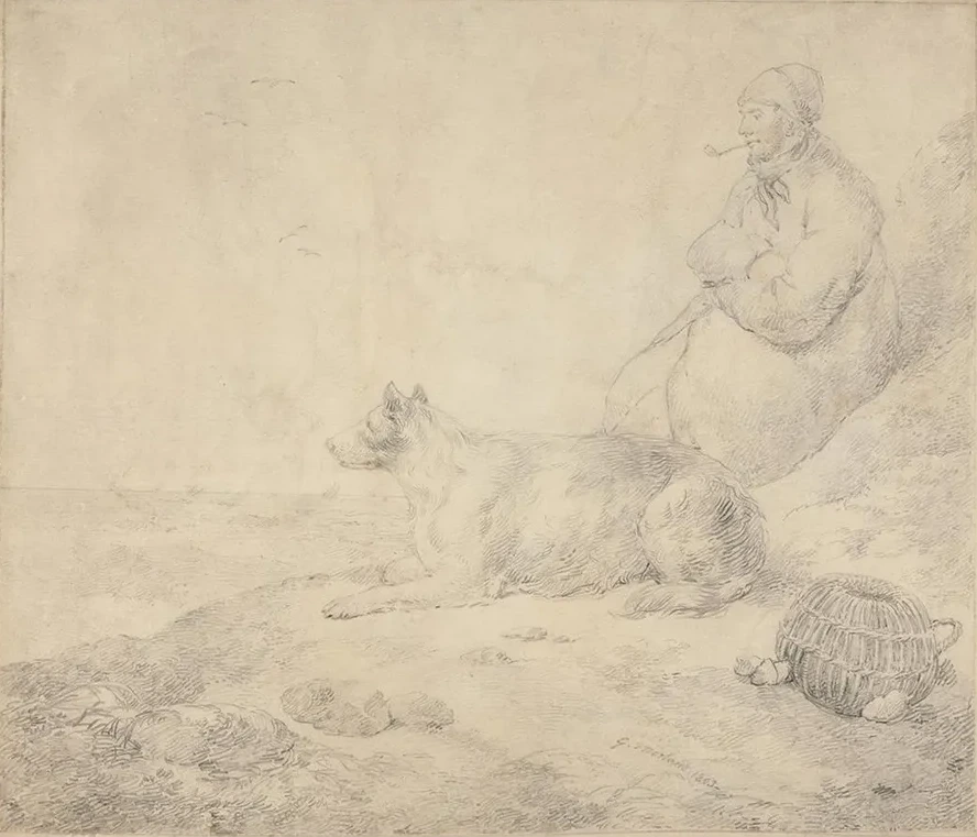 Fisherman and Dog Sitting by the Coast