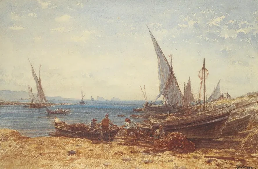 Fishermen and Boats at Water Sedge