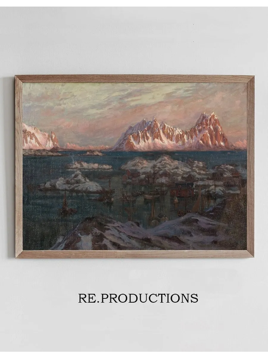 Fishing Harbour with Sunlit Mountains. Study from North Norway