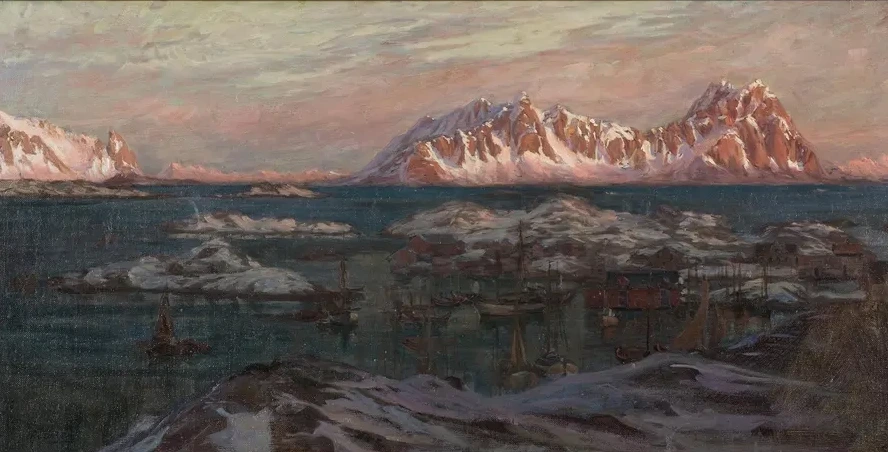 Fishing Harbour with Sunlit Mountains. Study from North Norway