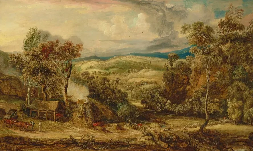 Fitzhead in Somerset, with an Ox - Cart Near a Lime Kiln, and Glastonbury Tor in the Distance