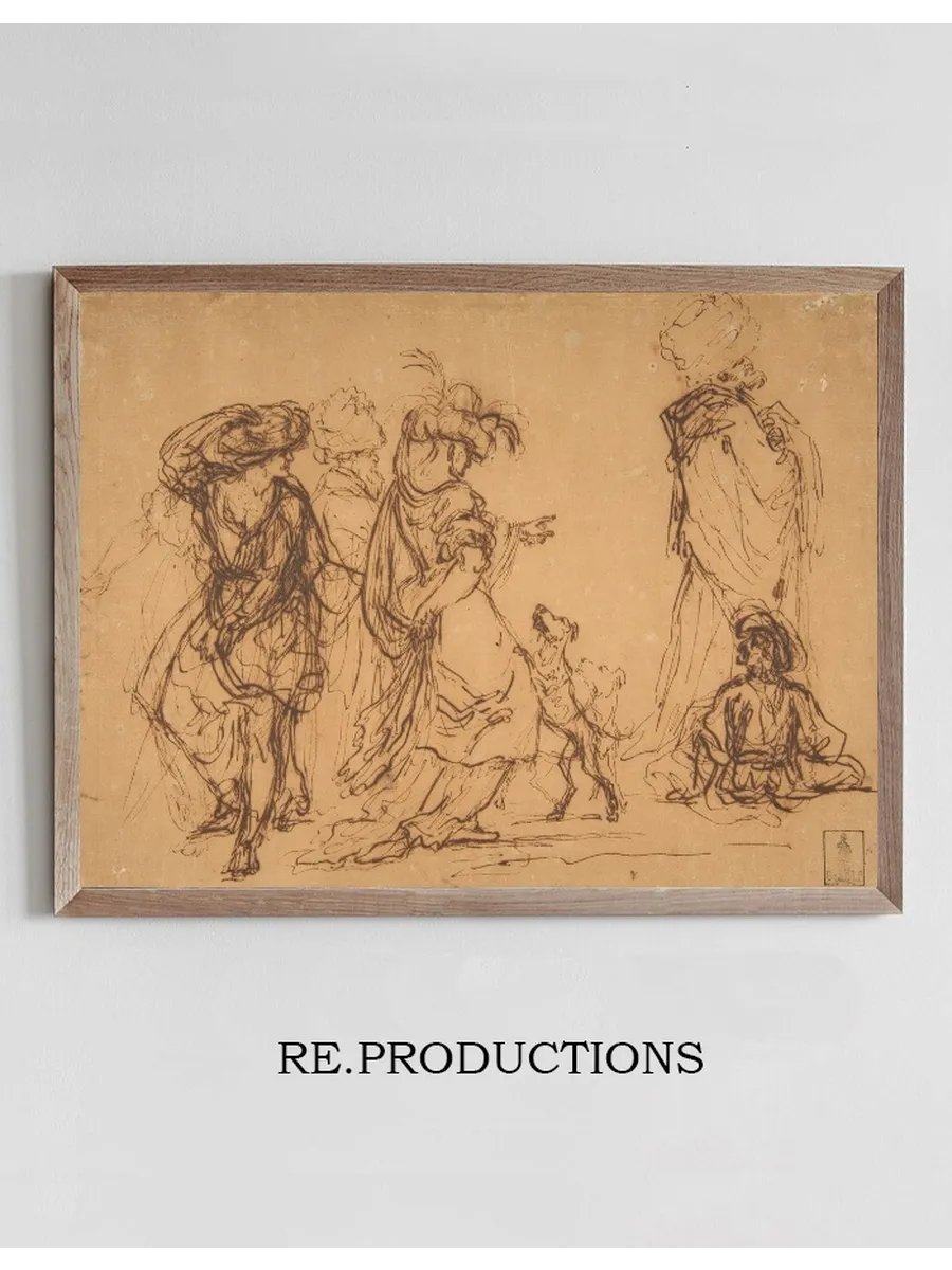 Five Figures in Fantastic Costumes with Two Dogs
