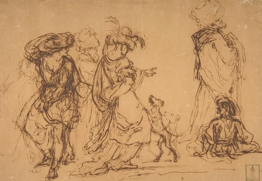 Five Figures in Fantastic Costumes with Two Dogs