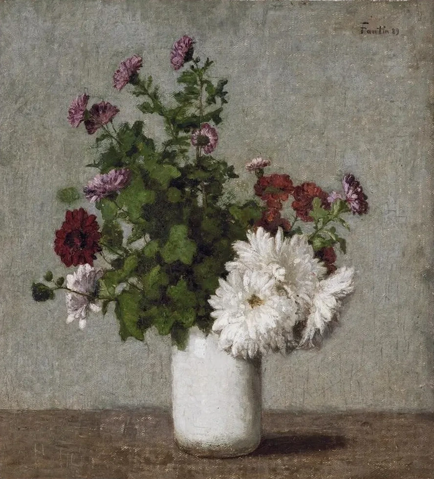 Flower Still Life, Autumn Chrysanthemums In A White Vase