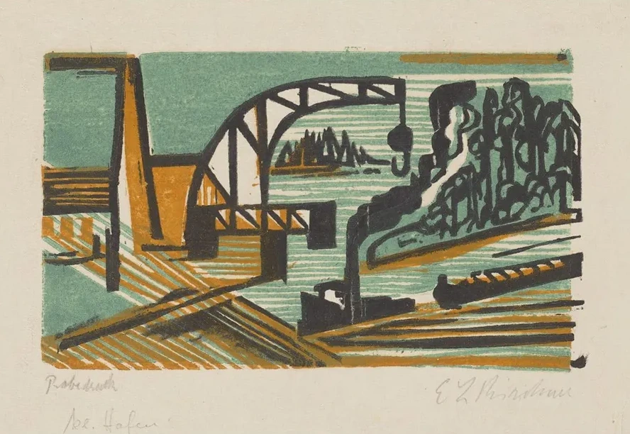 Flusslandschaft Mit Kran Und Schleppzug