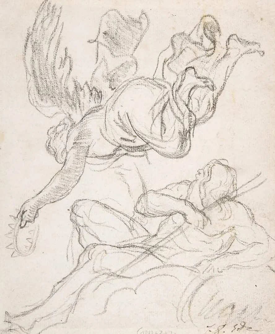 Flying Figure Holding a Crown, Reclining River God