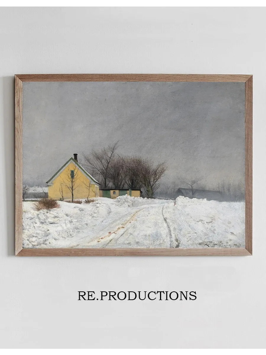 Foggy Winter Day. To the Left a Yellow House. Deep Snow