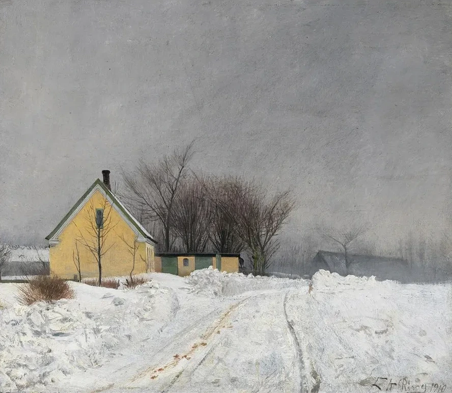 Foggy Winter Day. To the Left a Yellow House. Deep Snow