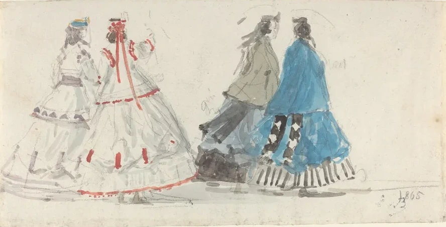 Four Ladies in Crinolines Walking at Trouville
