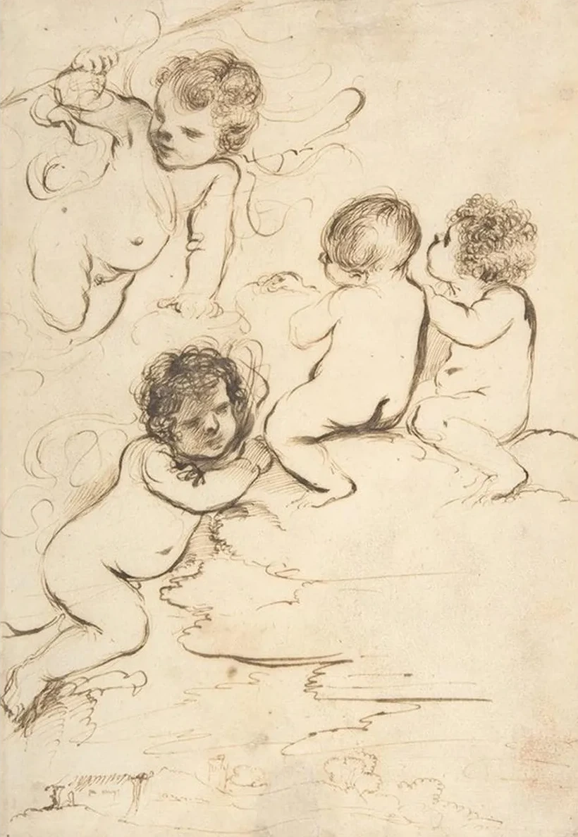 Four Putti with Bow and Arrows on Clouds Above a Landscape with a Tower