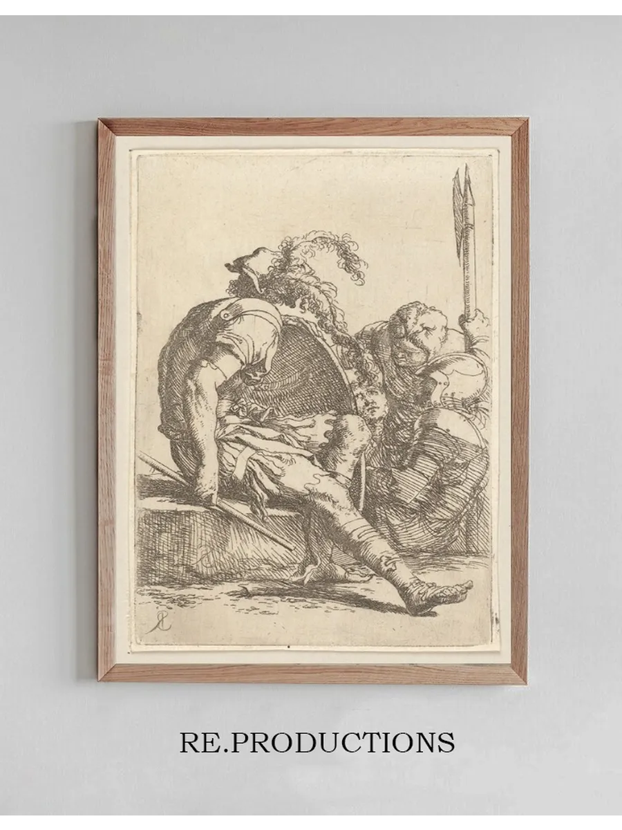 Four Soldiers, One seated on a Stone at the Left