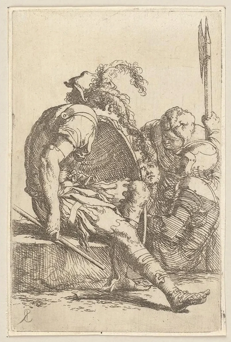 Four Soldiers, One seated on a Stone at the Left