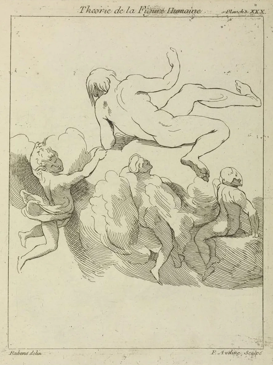 Four Figures in Floating Positions, Three Amidst Clouds