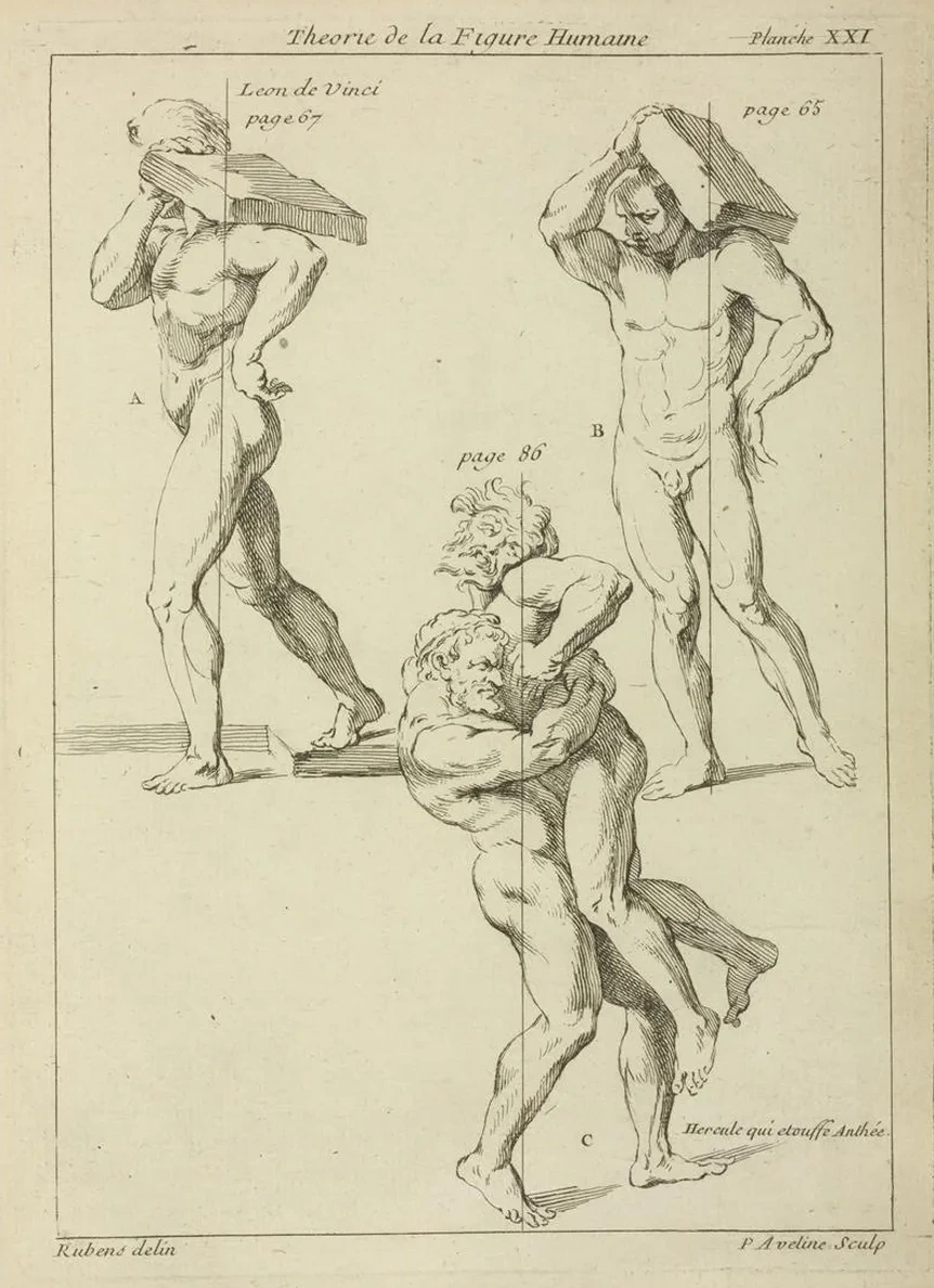 Four Male Figures Two Bearing Large Books on Their Shoulders and the Other Two Wrestling