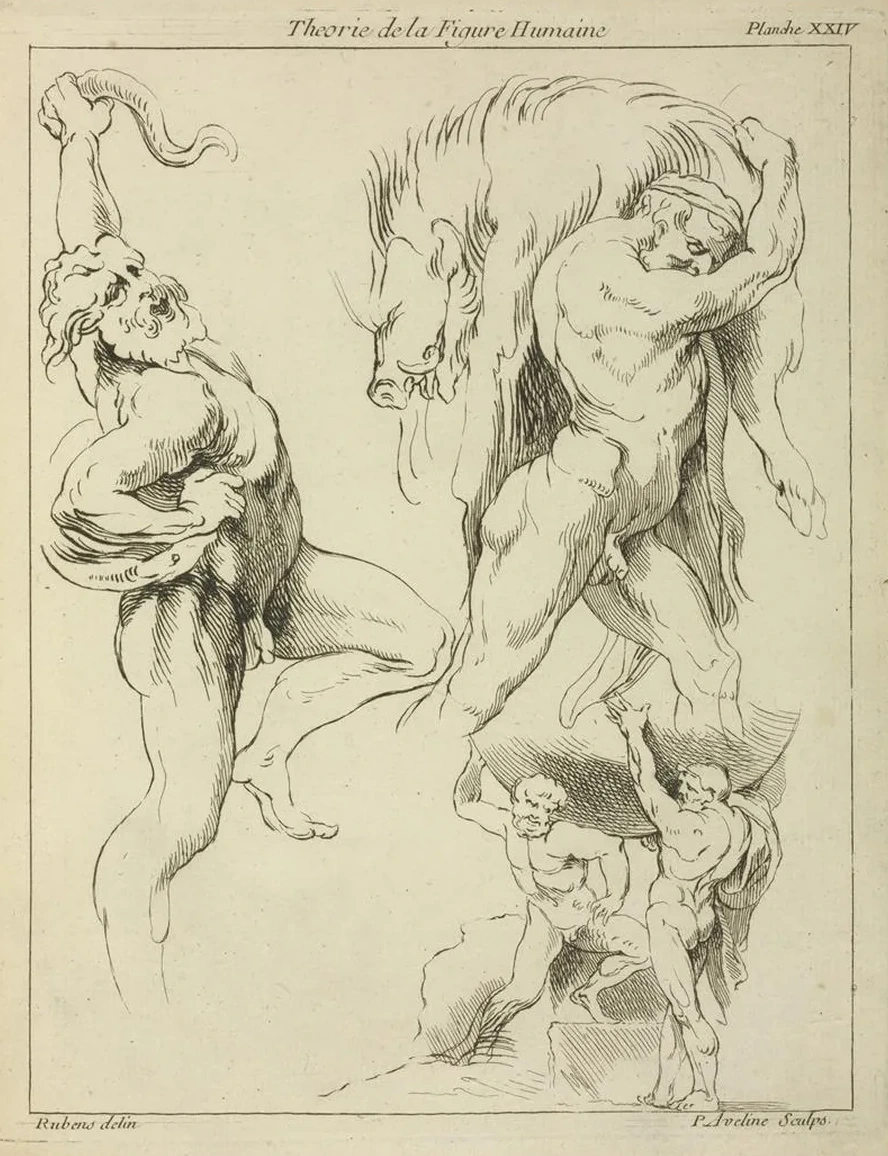 Four Studies of Figures One Wrestling with a Snake, One Lifting a Dead Boar, and Two Atlas Figures Lifting a G
