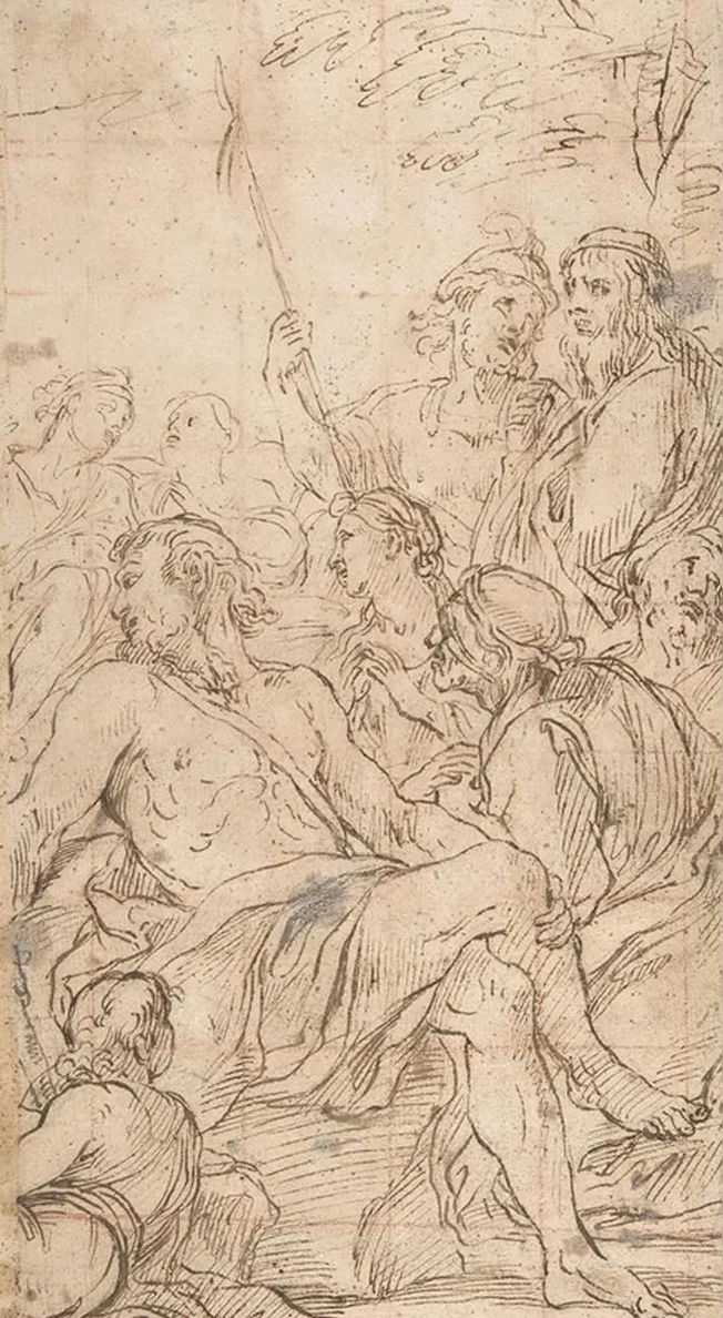 Fragment of a Composition with a Reclining Semi - Nude Man Surrounded by Soldiers and Other Onlookers in a Lands