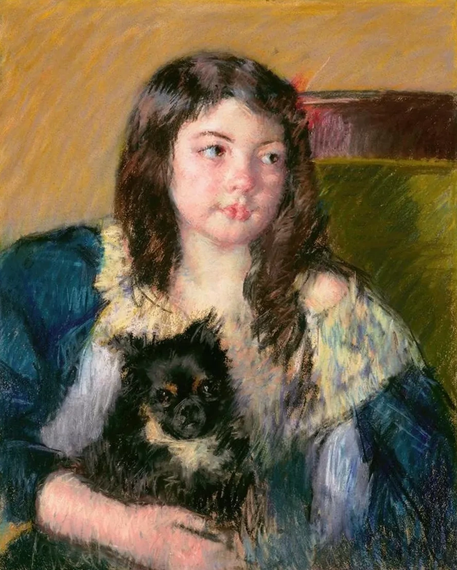 Fran oise, Holding a Little Dog, Looking Far to the Right