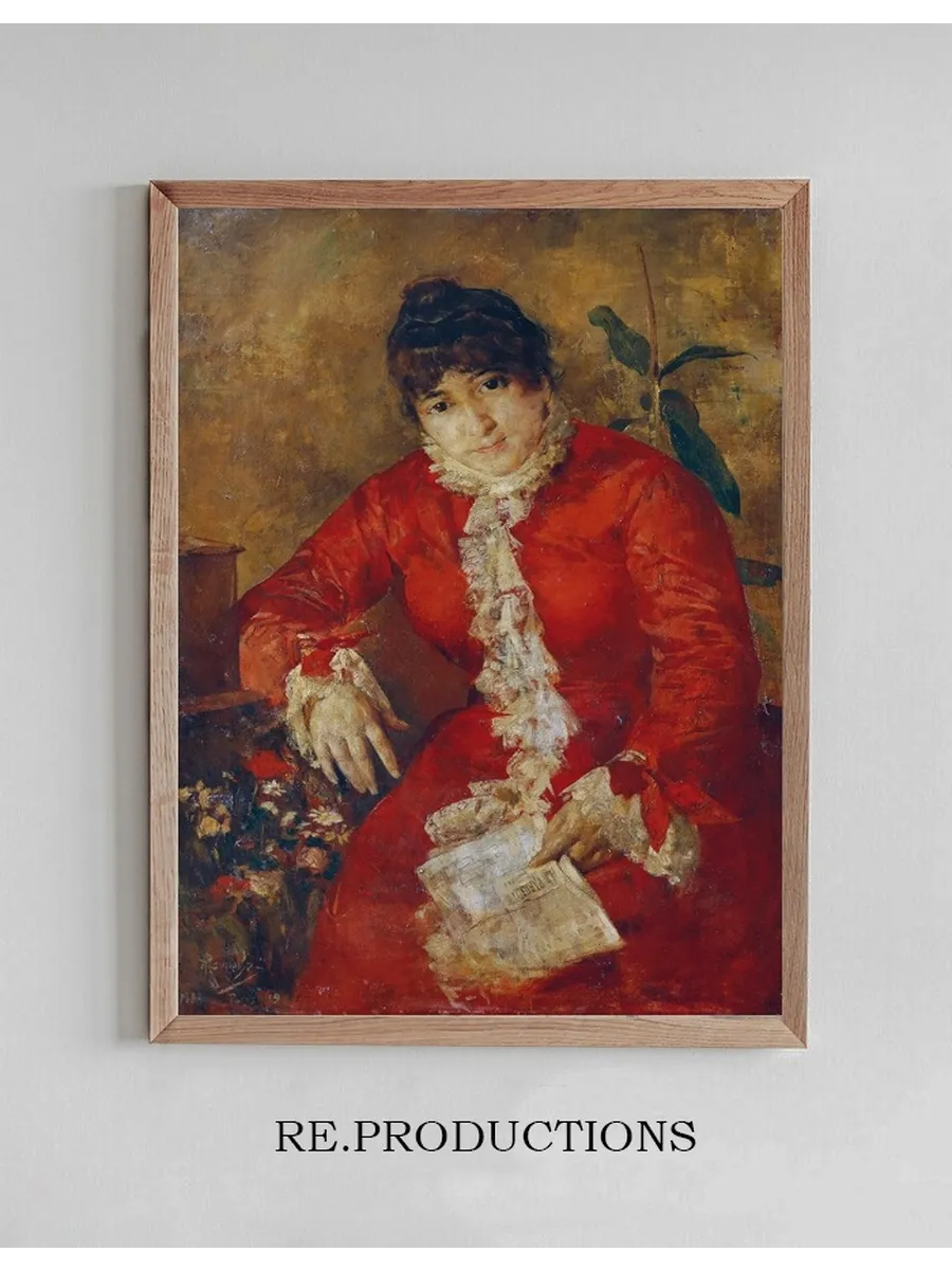 Frau IM Scharlachroten Kleid Mit Zeitungsblatt Und Ficus Frau IM Roten Kleid Mit Zeitung