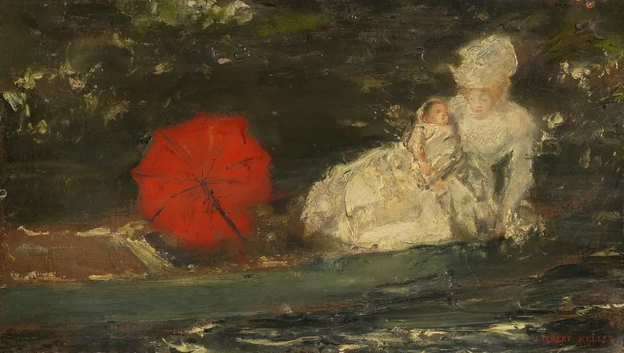 Frau Und Kind IM Freien Mit Rotem Parasol