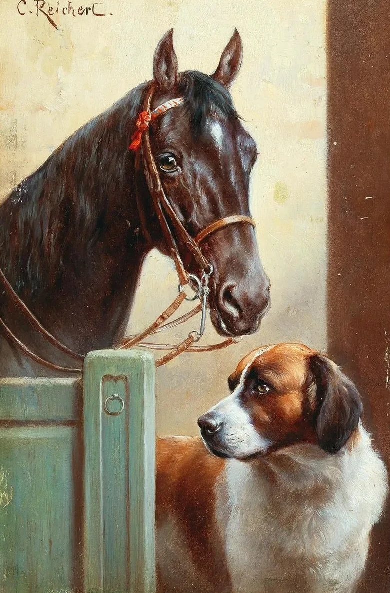 Friends, a Bay and a St Bernard in a Stable