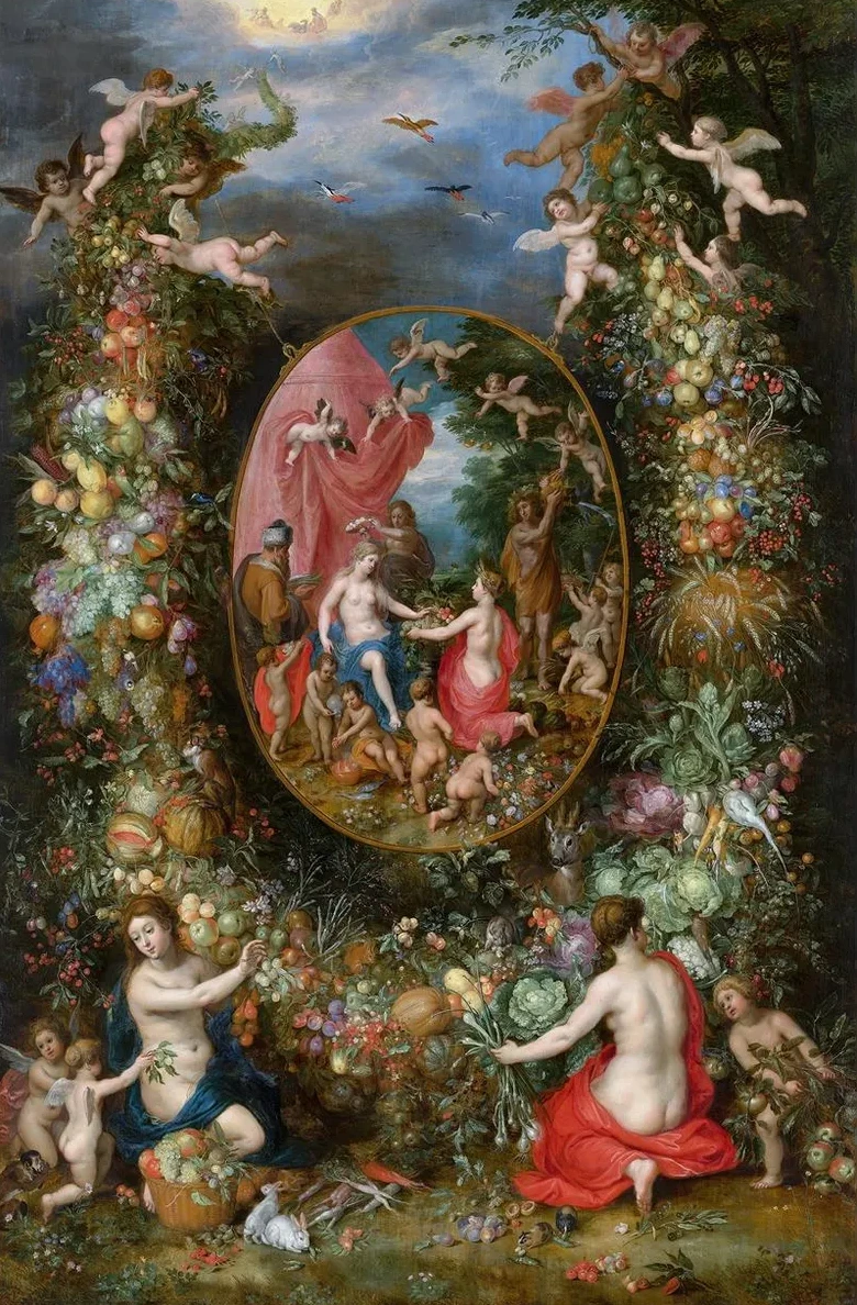 Garland of Fruit Surrounding a Depiction of Cybele Receiving Gifts From Personifications of The Four Seasons