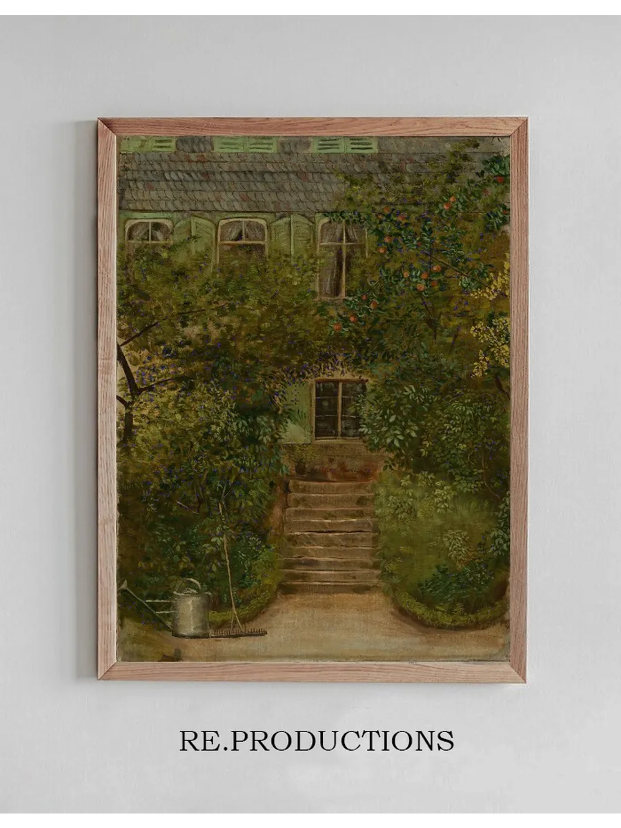 Garten Eines Landhauses Mit Giesskanne Und Rechen