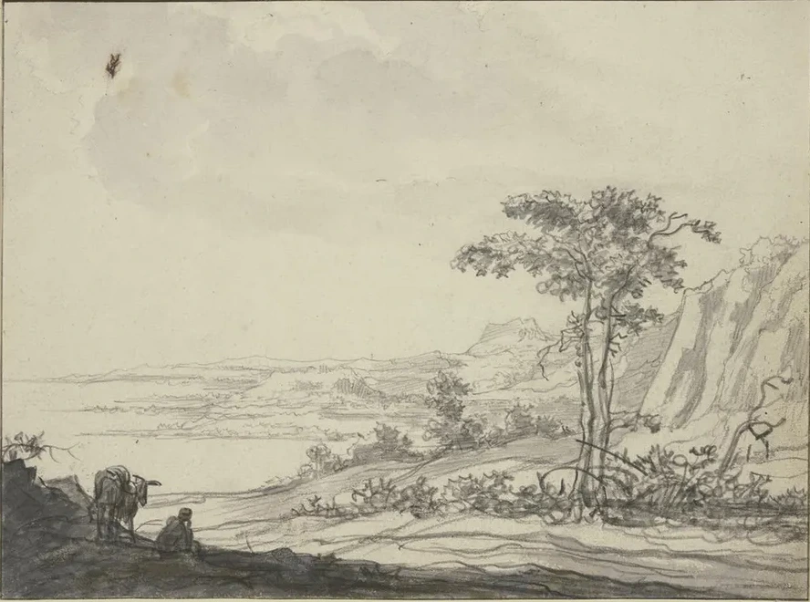 Gebirgslandschaft Am Meer, Links Ein Sitzender Mann Bei Einem Esel