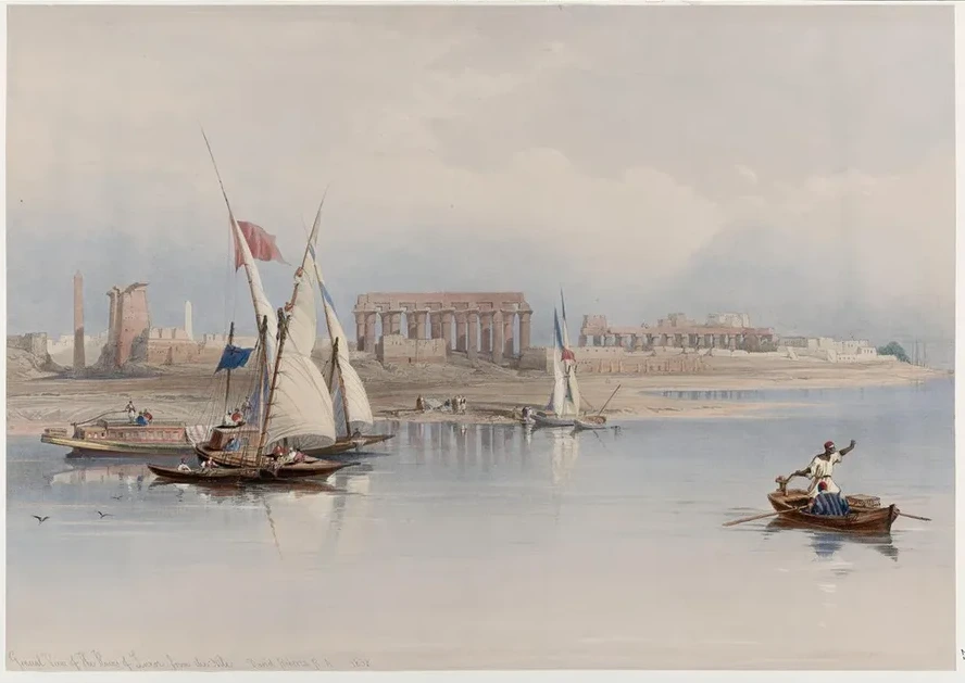General View of the Ruins of Luxor, from the Nile. 1838