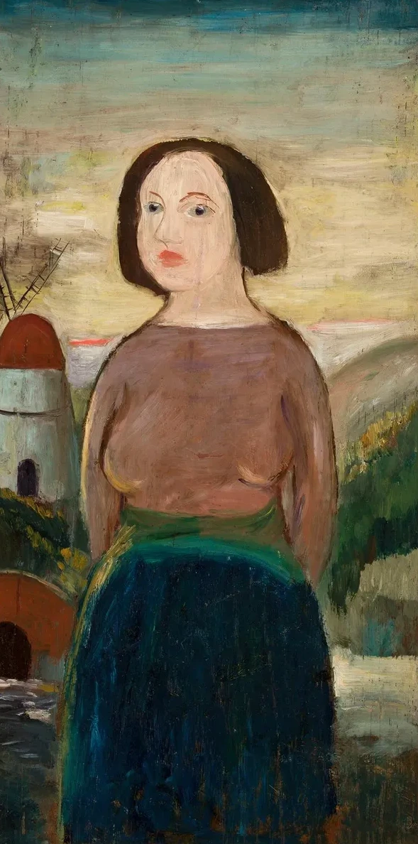 Girl Against the Background of a Landscape with a Windmill