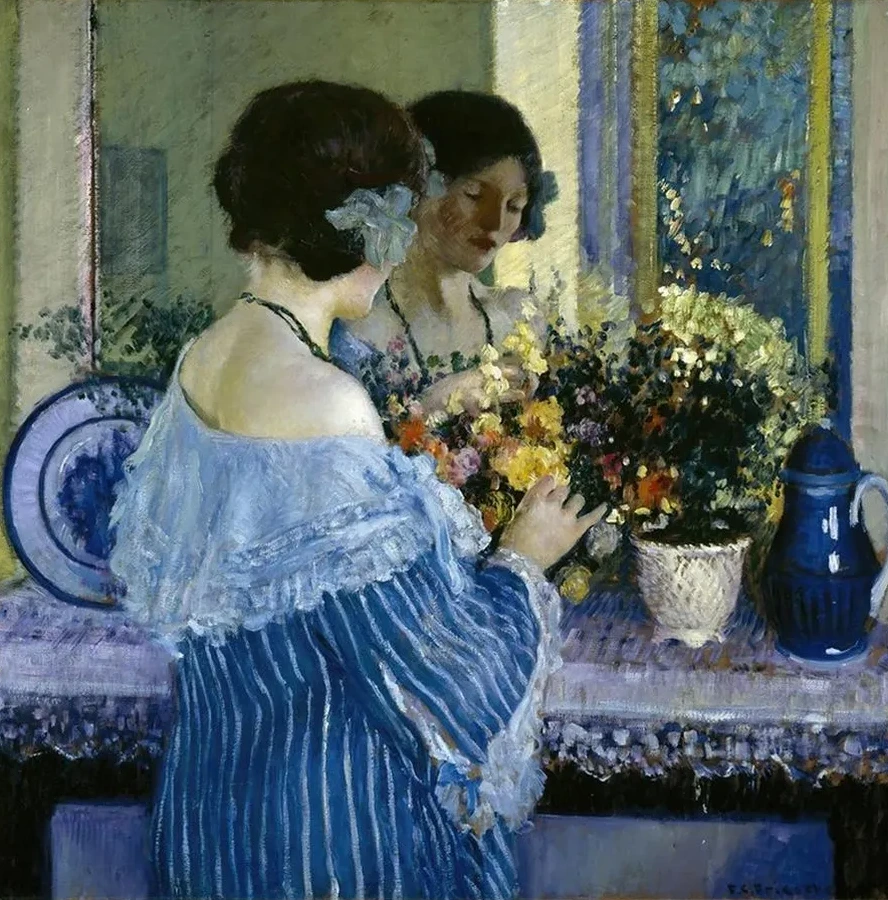 Girl in Blue Arranging Flowers