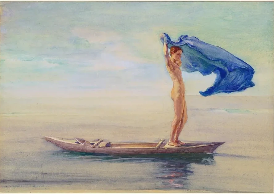 Girl in Bow of Canoe Spreading Out Her Loin - Cloth for a Sail, Samoa