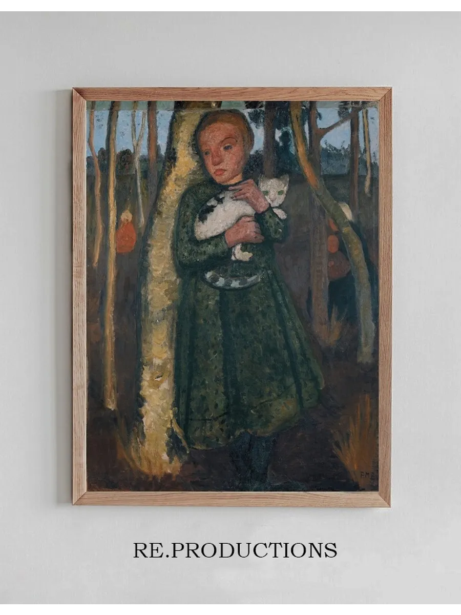 Girl in a Birch Forest with Cat