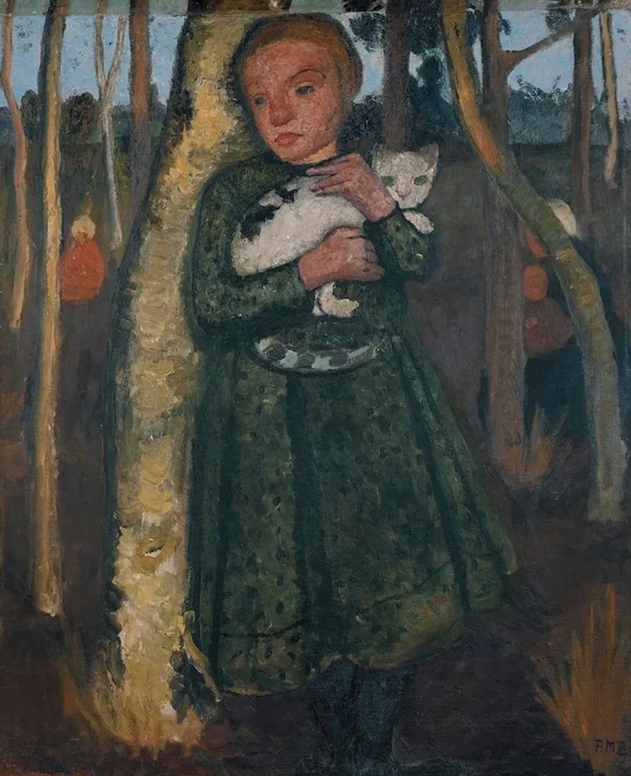 Girl in a Birch Forest with Cat