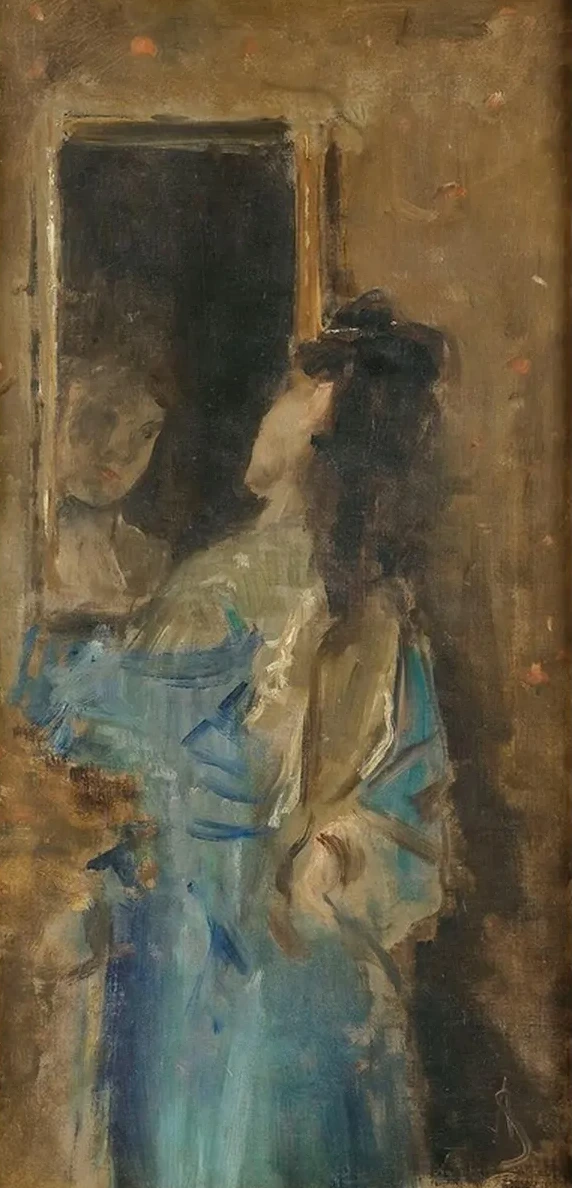 Girl in Blue Looking in a Mirror