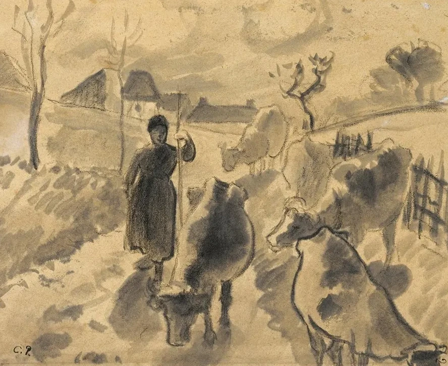 Girl Leading a Herd of Cows Along a Road