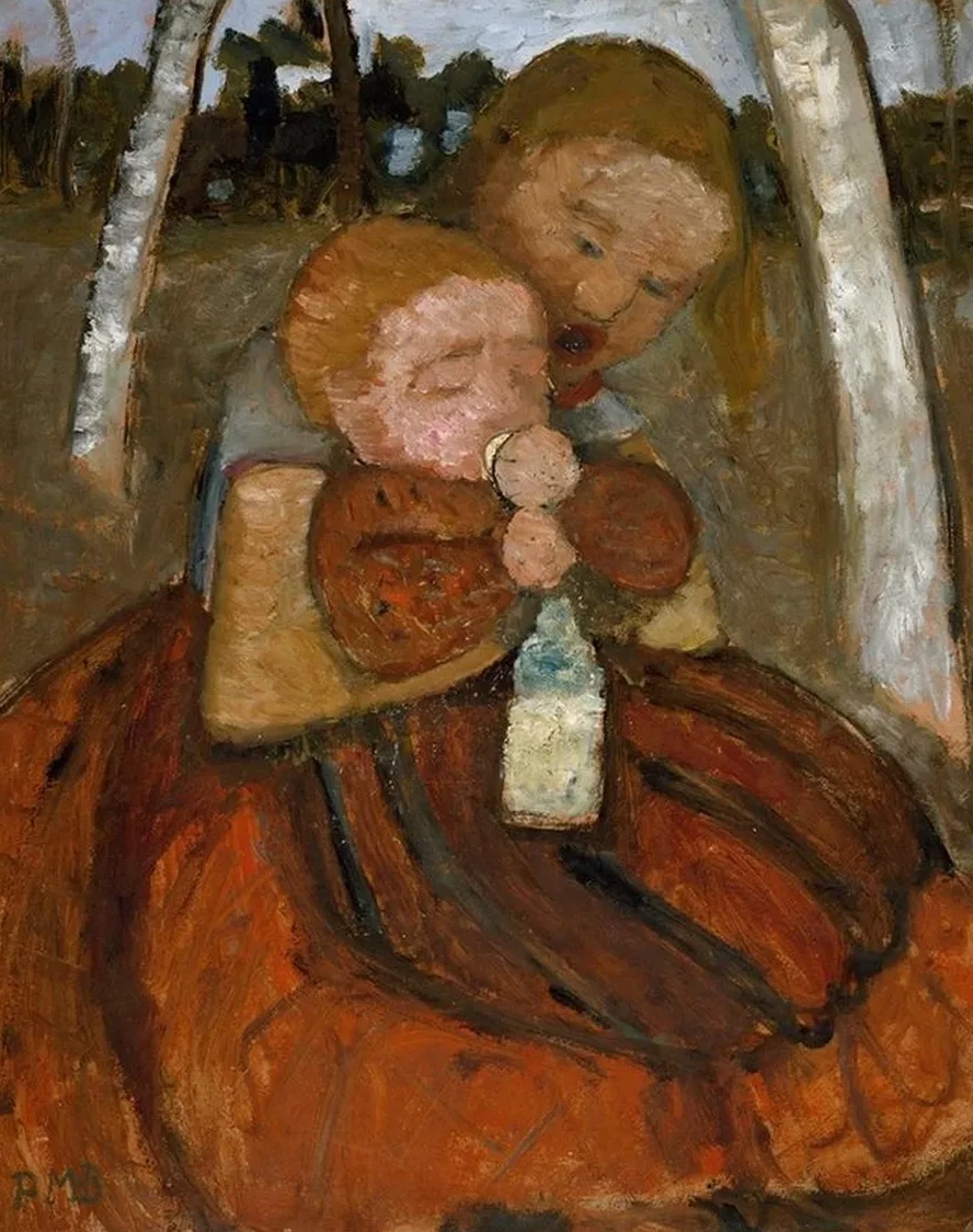 Girl with a Baby Among Birch Trees