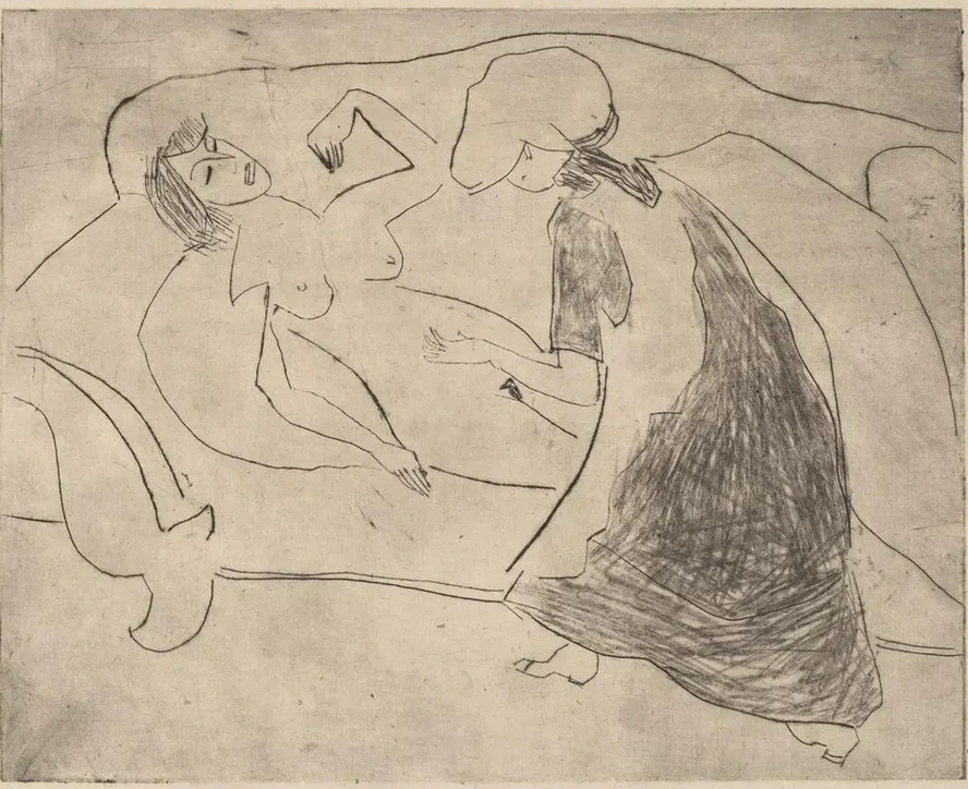Girl, with Another Rubbing Her Belly