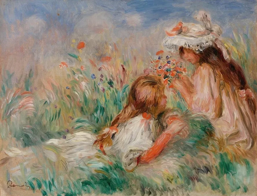 Girls in the Grass Arranging a Bouquet (fillette Couch E Sur L Herbe et Jeune Fille Arrangeant Un Bouquet)