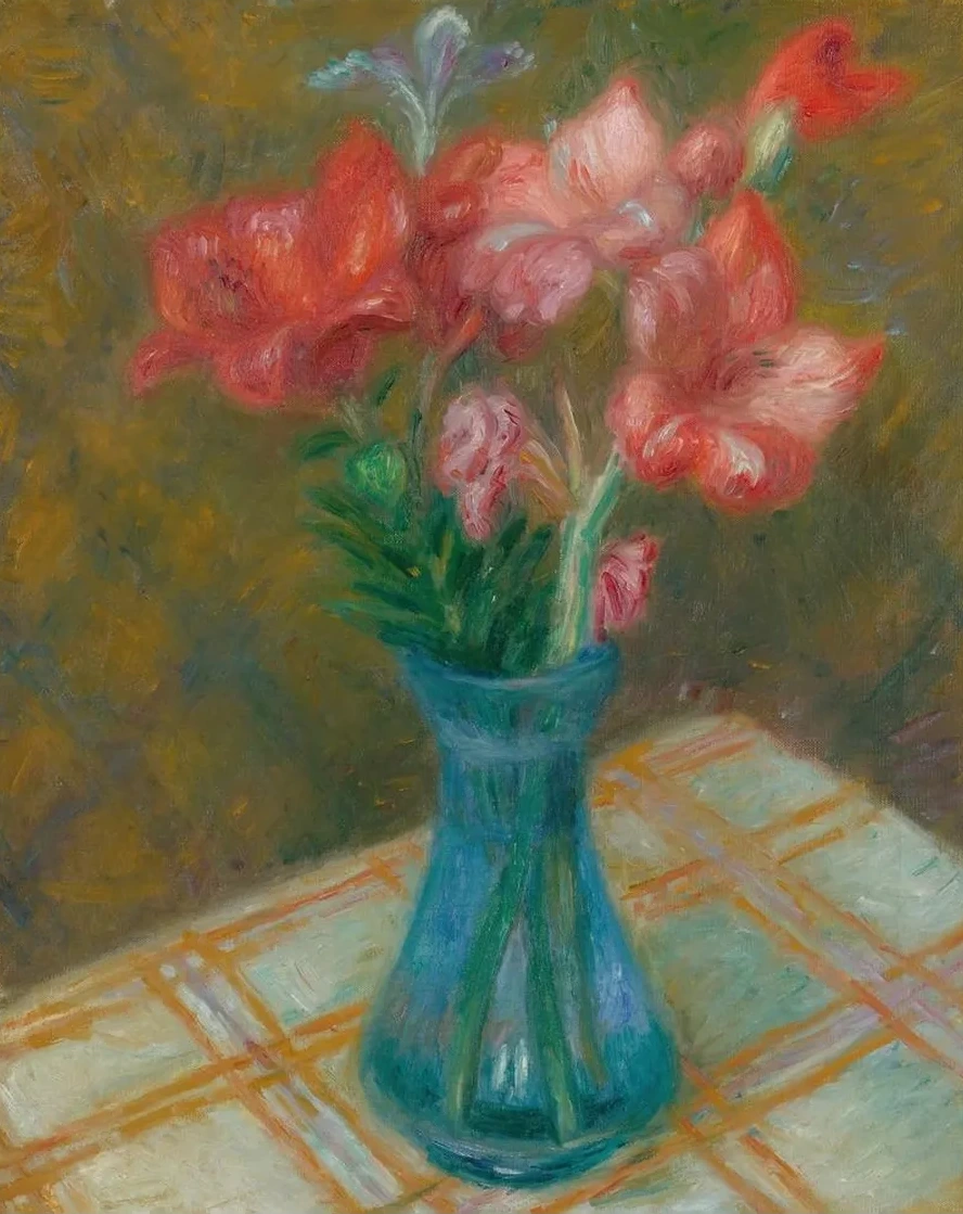 Gladiolas In Green Glass Vase