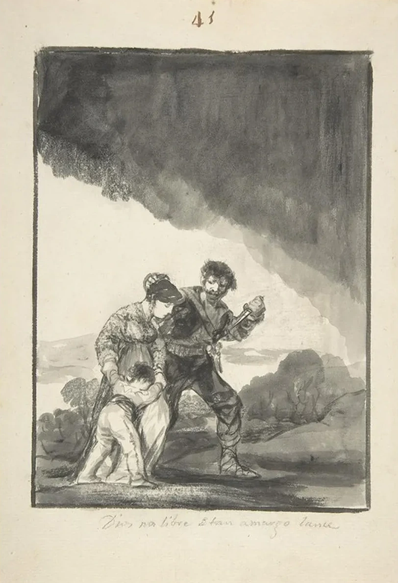 God Save Us from Such a Bitter Fate a Bandit Threatening a Woman and a Child with a Knife